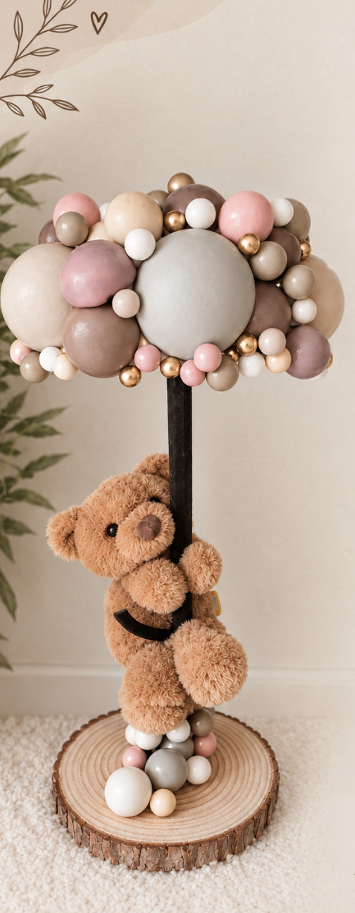 A teddy bear holding a garland of blush, mauve, cream and gold balloons on a wooden slice